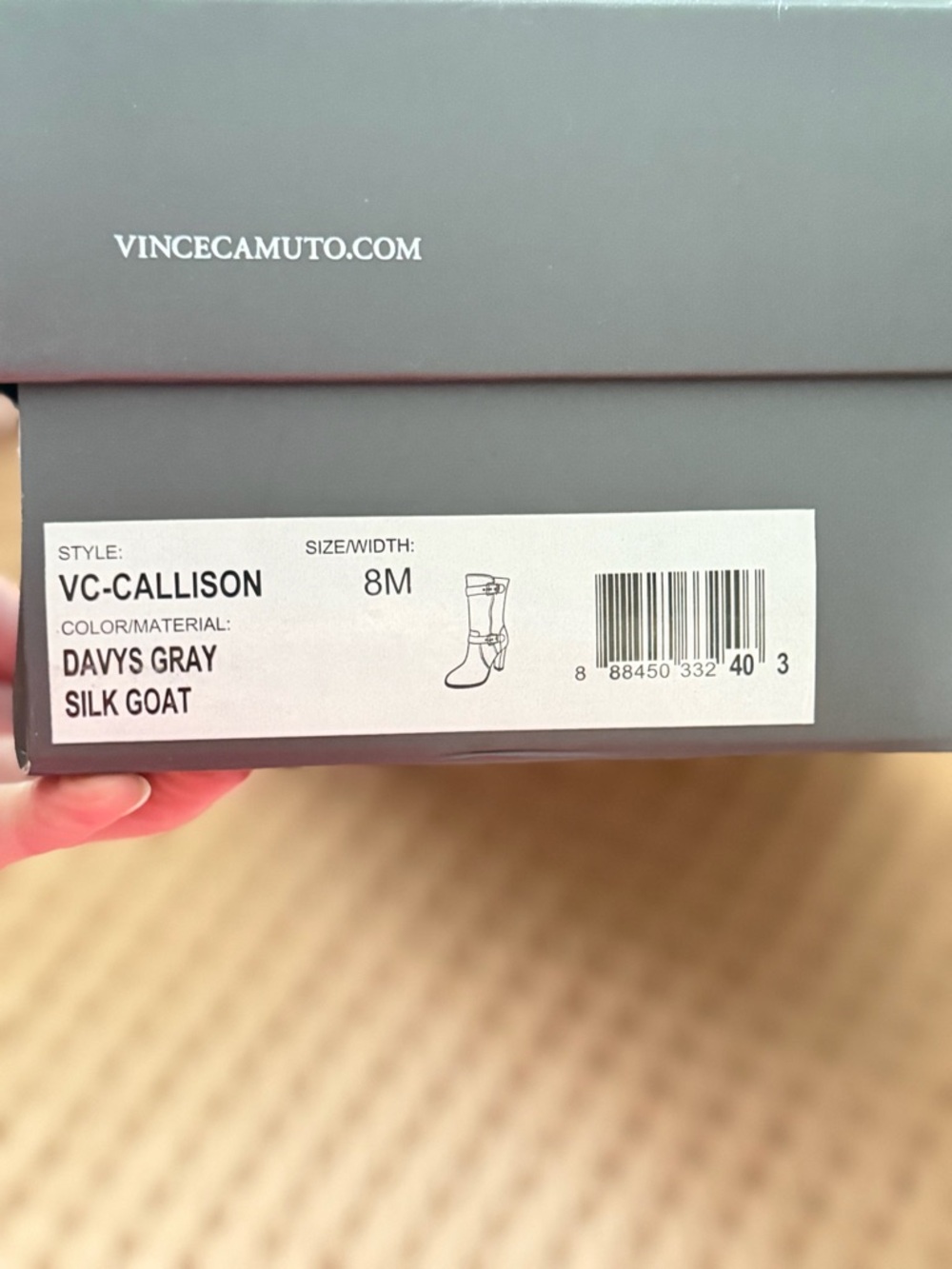 Vince Camuto Davy's Gray VC-Callison Boots Box Label